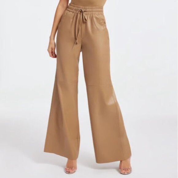 NWT Good American Faux Leather Wide Leg Trousers Warm Carmel Small (GA size 1) - Picture 2 of 11